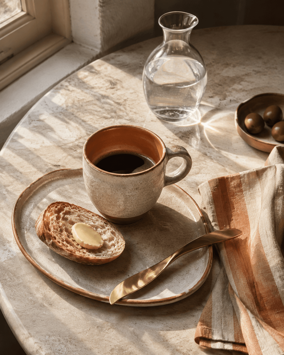 Inspiração de mesa com café em xícara de cerâmica e guardanapo de linho